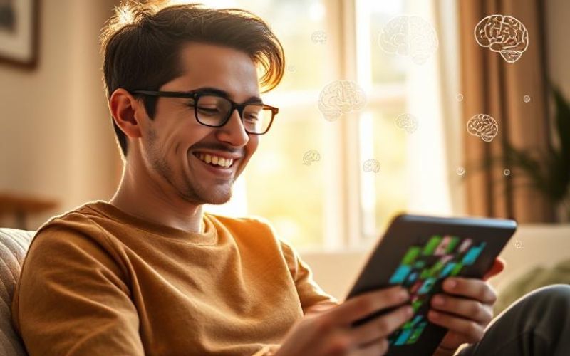 Person relaxed while playing a puzzle game on tablet