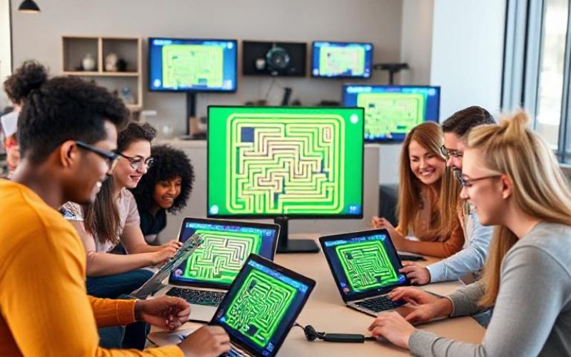 Group of people collaborating online sharing maze game scores