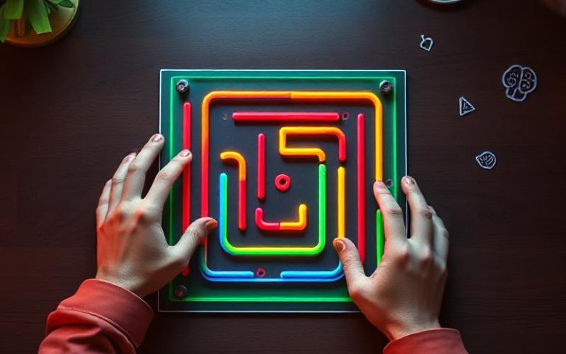 Person solving a colorful maze puzzle